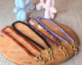 Agate Bead Necklace with Gold Balloon Dog Charm – Handmade Boho Statement Jewelry