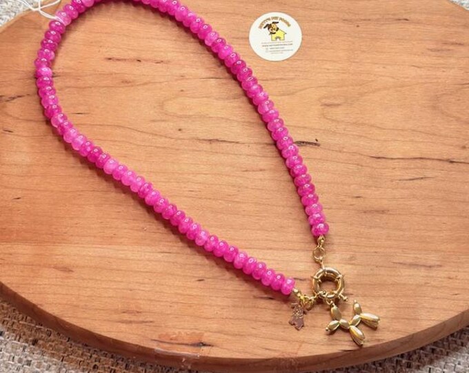 Agate Bead Necklace with Gold Balloon Dog Charm – Handmade Boho Statement Jewelry