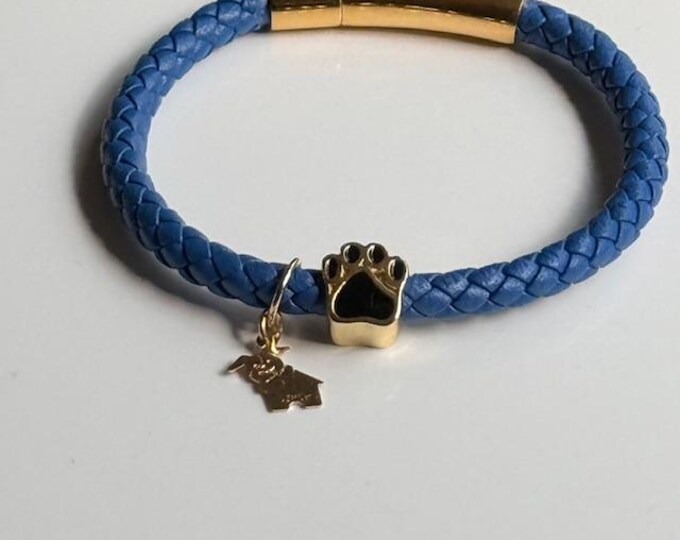 Pet Memorial Leather Bracelet w/ Gold Paw Print Charm