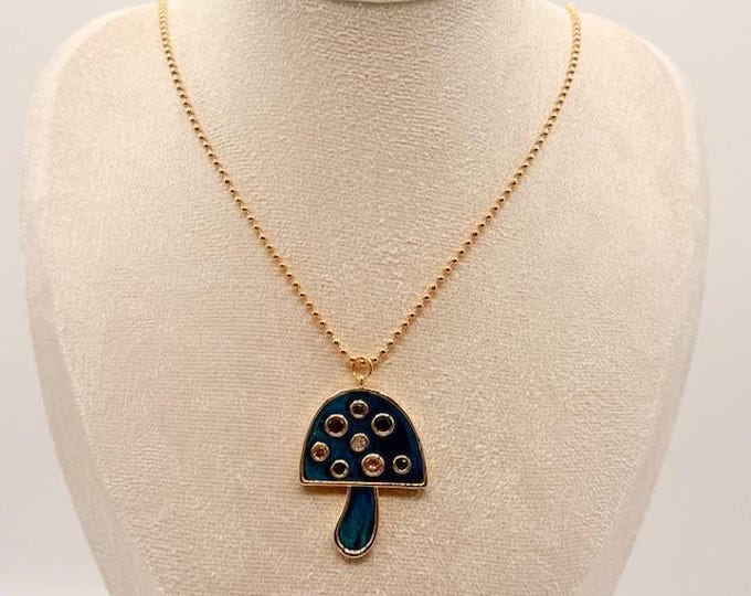 Whimsical Mushroom Pendant Necklace with Crystals - Boho Glam Jewelry