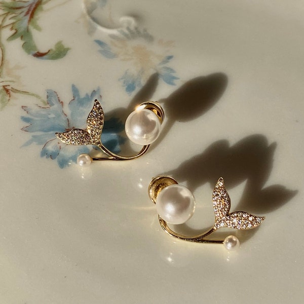 Mermaid Tail Earrings, Pearl Stud Fish Earrings, Baroque Pearl Earrings, Quirky Summer Beach Earrings