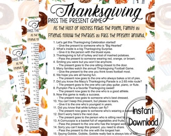 May include: Thanksgiving party game printable with the text "Thanksgiving Pass the Present Game." The game includes instructions and phrases to read aloud. The design features watercolor illustrations of fall leaves, donuts, and cupcakes. "Instant Download" is also displayed.