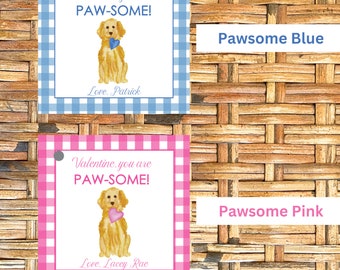 Personalized Golden Retriever Valentine Gift Tags, Pawsome Kids Valentines, Set of 24
