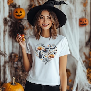 Camiseta infantil de Halloween con corazón, estilo de dibujos animados en acuarela, sombrero de bruja, gato negro, calabaza y más
