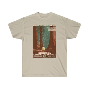 Camiseta del Parque Nacional Sequoia – Camiseta con póster de árbol vintage – Regalo retro de senderismo – Camiseta de algodón Big Forest