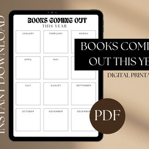 Op de afbeelding: Een printbare digitale planner om boeken bij te houden die dit jaar uitkomen. De planner is verdeeld in 12 maanden, met een ruimte voor elke maand om boeken te lijst. De tekst "BOOKS COMING OUT THIS YEAR" staat bovenaan de planner, en de tekst "DIGITAL PRINTABLE" staat onder de planner.