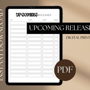 Op de afbeelding: Printbare plannerpagina met de titel "Upcoming Releases" en kolommen voor titel, auteur, releasedatum en besteld. De pagina is ontworpen om boekreleases bij te houden.