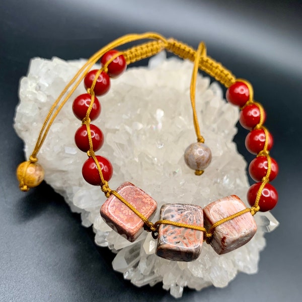 Coral Jasper and Red Cinnabar Macrame Bracelet