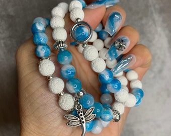 Blue Persian Jade and White Lava Stone “Dragonfly” Bracelet Trio SET