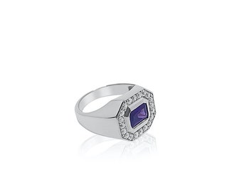 Emerald Cut Amethyst & Moissanite Mens Pinky Ring - Naki Tech