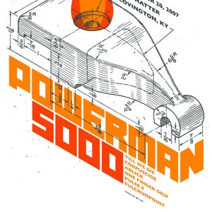 May include: A concert poster for the band Powerman 5000. The poster is designed to look like a technical drawing with a flame at the top. The poster includes the band's name, the date of the concert, September 20, 2007, the venue, Mad Hatter, and the city, Covington, Kentucky. The poster also lists the names of the bands playing, Till We Die, Corpsuicide, Ablick, One Finger Grip, Pulse 8, and Fulcrumpoint.