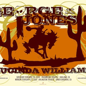 Puede incluir: Cartel de concierto con una silueta de un vaquero montando un caballo sobre un fondo de puesta de sol. El texto dice "George Jones" y "Lucinda Williams" con las fechas y lugares de los conciertos.