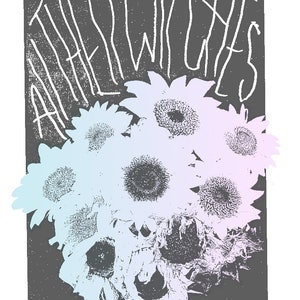 May include: A concert poster for All Them Witches featuring a black and white image of sunflowers with a skull in the centre. The text "ALL THEM WITCHES / SUCK THE HONEY / WOODWARD THEATER / CINCINNATI, OHIO / JUNE 9TH, 2017" is at the bottom of the poster.