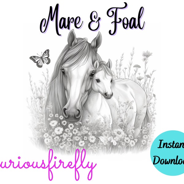 Coloring Page for Adults – Mare & Foal  - Grayscale Coloring Page - Instant Download – Curious Firefly Design - JPEG, PDF