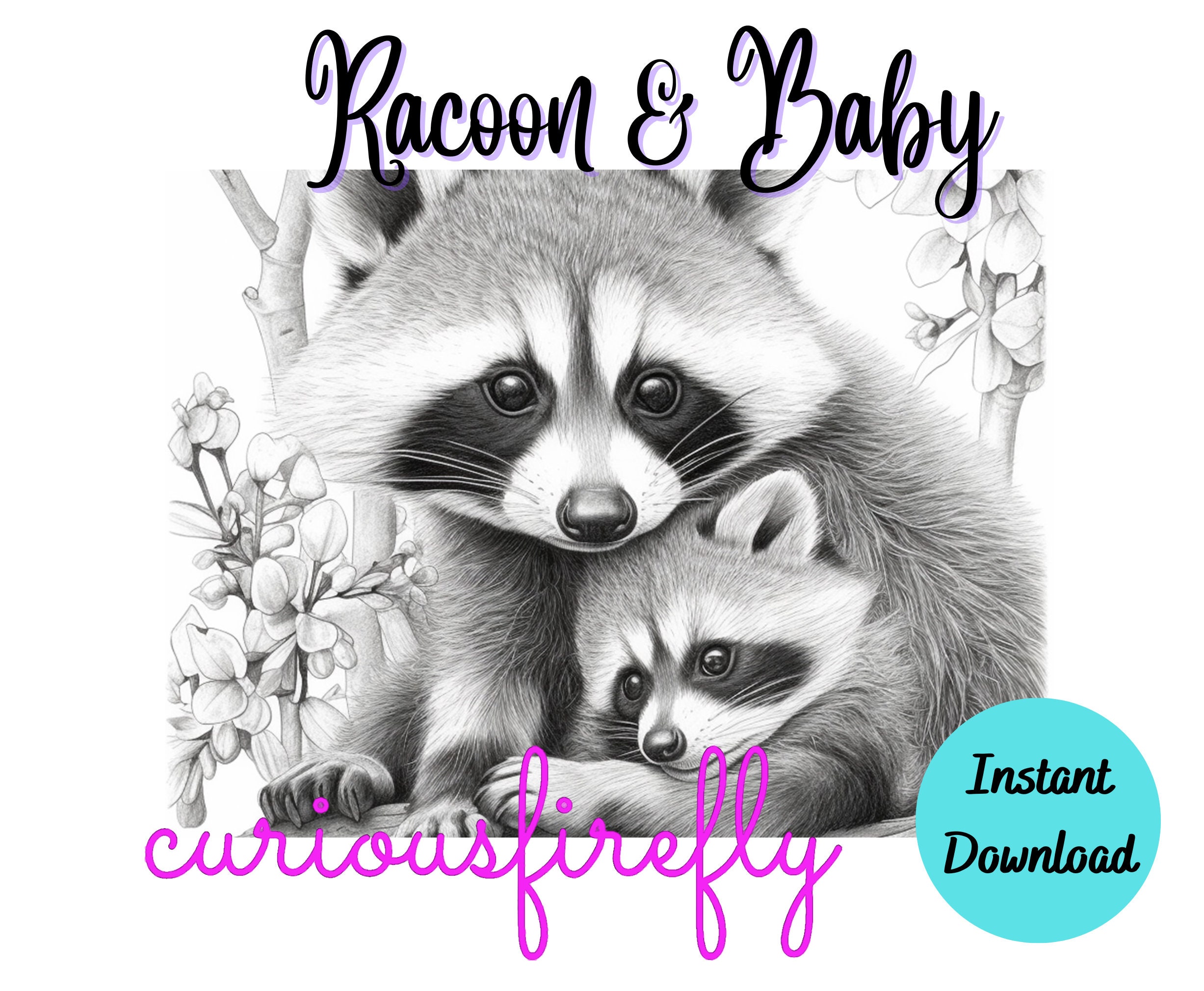 Coloring Page for Adults Racoon & Baby Grayscale Coloring Page Instant