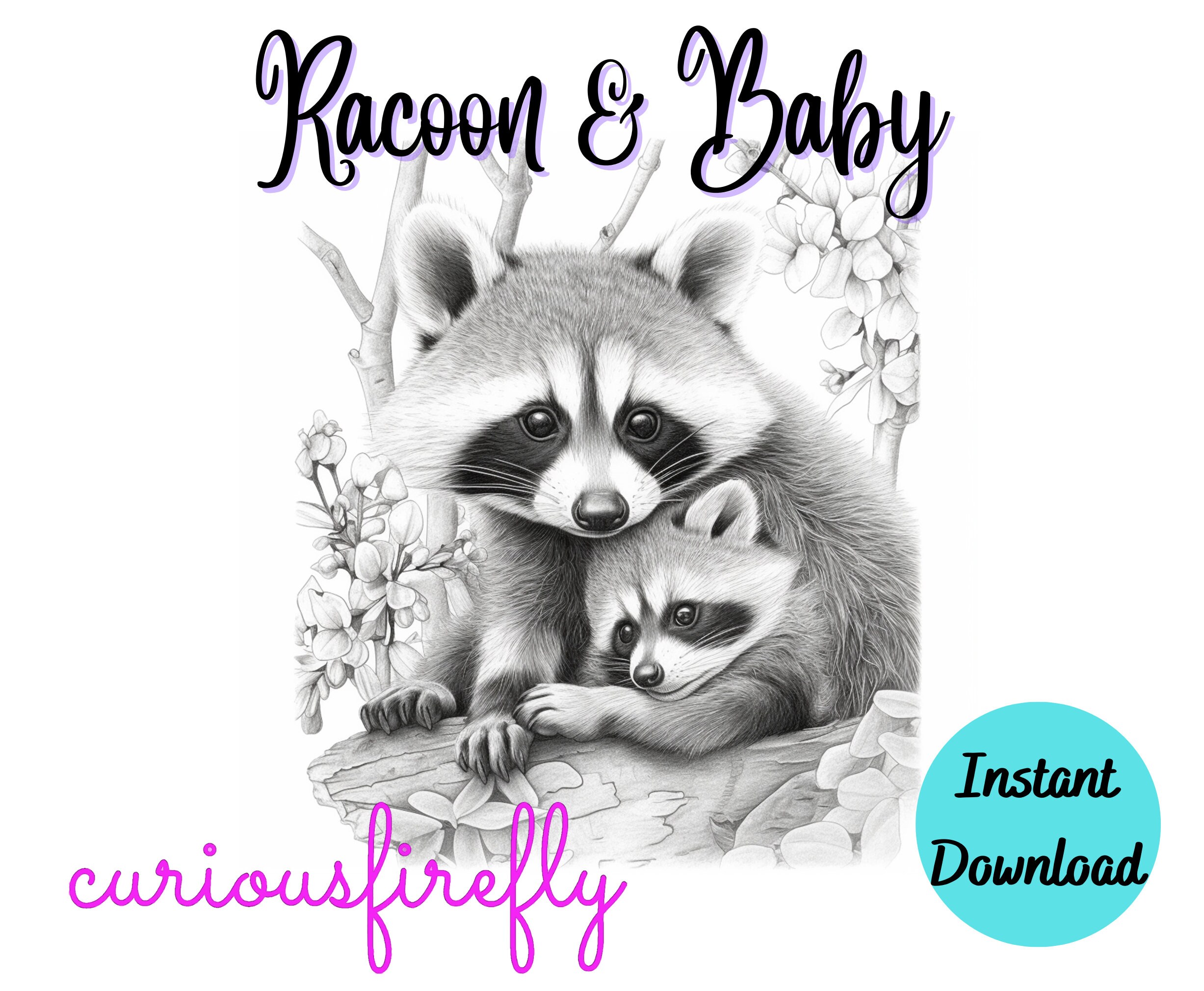 Coloring Page for Adults Racoon & Baby Grayscale Coloring Page Instant ...