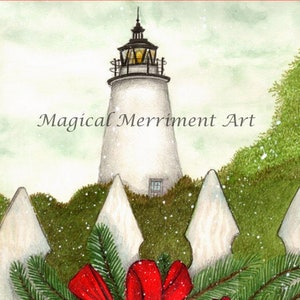 Ocracoke Lighthouse with big red bow, Outer Banks, North Carolina, Christmas & Winter Holiday notecard or prints