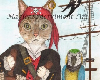 Gato pirata com seu melhor amigo papagaio em um navio pirata, cartão divertido e estampas