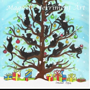Happy, playful black cats climbing in a Christmas tree, fun, Christmas card/print, Holiday, Winter