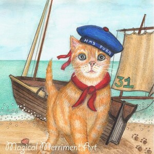 Seaside Ingwer Katze, Kätzchen, mit seinem Spielzeugboot am Strand, lustige Notizkarte und Drucke