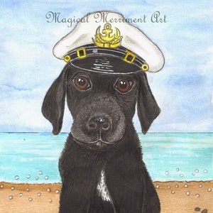 Adorable Sea Captain puppy, black lab, ready to explore the beach, fun notecard or prints