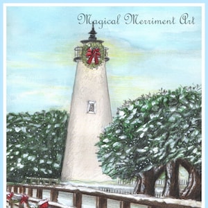 Ocracoke Lighthouse with wreath, Outer Banks, North Carolina, Christmas & Winter Holiday notecard or prints