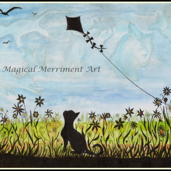 Sweet black cat in the garden cloud watching and kite flying, fun notecard and prints