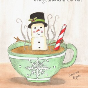 Warm cup of hot cocoa, hot chocolate, marshmallow Snowman, Christmas, fun notecard and prints