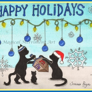 Black cats celebrating their holidays together, Hanukkah and Christmas, card/print, Holiday, Winter