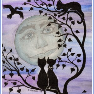 Black cats having a romantic night under the light of a full moon, fun notecard or prints
