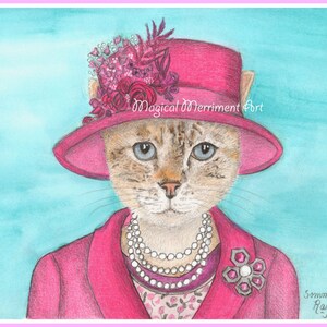 The Queen in pink a fun royal and joyful cat, whimsical, fun notecards or prints