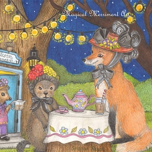 Animaux profitant d&#39;un bon dîner d&#39;automne à l&#39;extérieur de leur tronc d&#39;arbre, nature, récolte, saisons, carte de notes amusante ou impressions