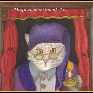 Scrooge as a cat peeking out of his bed curtains with a candle,  &quot;Bah! Humbug&quot;, Christmas card/print, Holiday, Winter