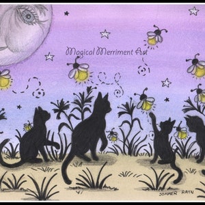 Playful black cats enjoying a night playing with fireflies, cats, fun notecards and prints
