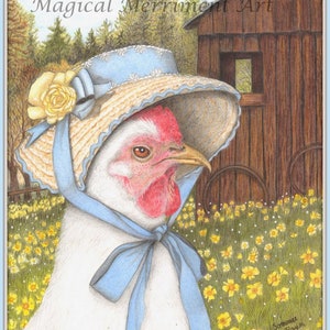 Galinha ou galinha Sweet Spring aproveitando um dia em seu jardim, cartão divertido e estampas