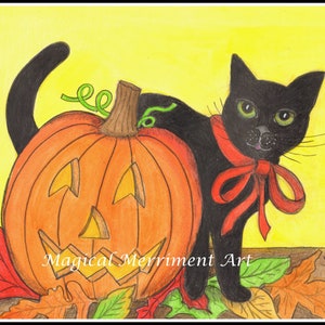Cute black cat with a bow hanging out with a happy pumpkin, Halloween, fun notecard or prints
