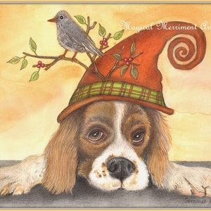 Carte de notes ou impression, Automne, Récolte, Sweet Dog avec un oiseau sur son chapeau, ludique et amusant