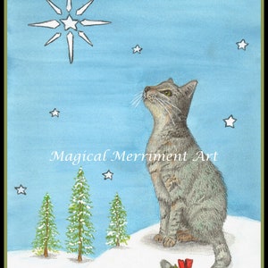 Cute cat wishing upon a star, Christmas star, Christmas card/print, Holiday, Winter