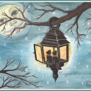 Romantic night with Mr. Moon, black cats, lantern, fun notecard and prints