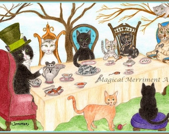 A fun Alice in Wonderland like tea party featuring adorable cats, whimsical, fun notecard and prints