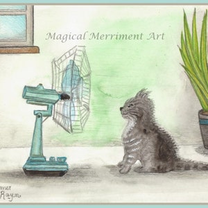 Zomerkat die koel blijft voor de ventilator, vacht die in de wind waait, leuke notitiekaart en prints