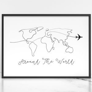Impression de voyage autour du monde, art mural imprimable, citations de voyage, art minimaliste, téléchargement numérique, impression envie de voyager, dessin au trait carte du monde