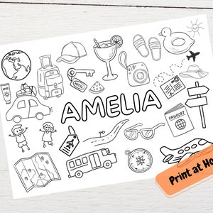 PERSONALIZED Travel Coloring Sheet, Printable Placemat, Kids Activity Sheet, Party Activity, Coloring Page, Travel Activity Sheet