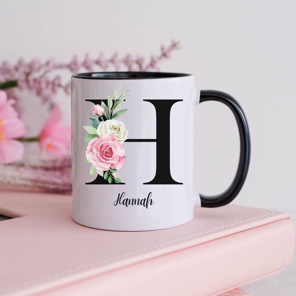 Tasse Personalisiert - Blumen Motiv mit Namen - Kaffeetasse, Geburtstag, Buchstabe, beidseitig bedruckt