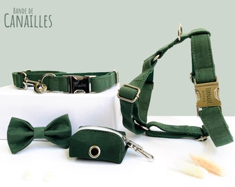 Personalized Puppy Dog Set / Pine Green Velvet / Named Pet Gift / Harness, Leash, Collar, Poop Bag, Bow Tie