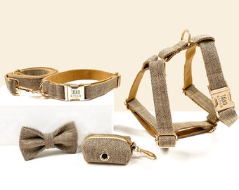 Personalized Hazelnut Chevron Puppy Dog Set / Harness, Leash, Collar, Poop Bag, Bow Tie / Christmas Dog Gift