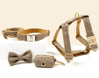 Gepersonaliseerde hazel chevron puppy hondenset / Harnas Leash Collar Kakzakje Vlinderdas / Hondencadeau