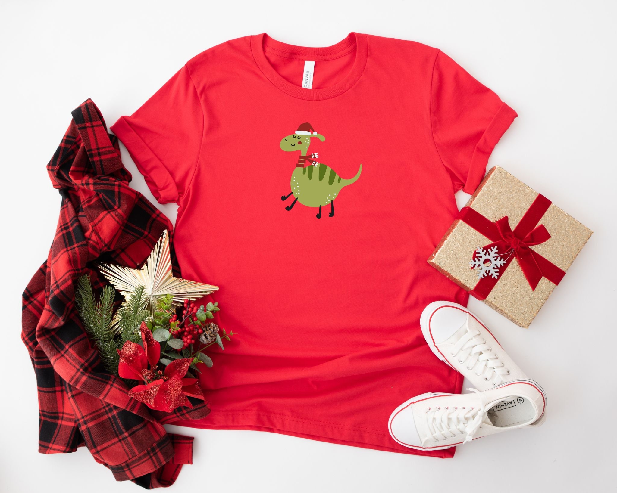 Discover Christmas Dinosaur Middle Festive T-Shirt, Funny Xmas Top, Funny Christmas Gifts, Gifts For Him, Gifts For Her, Cute Christmas Tee