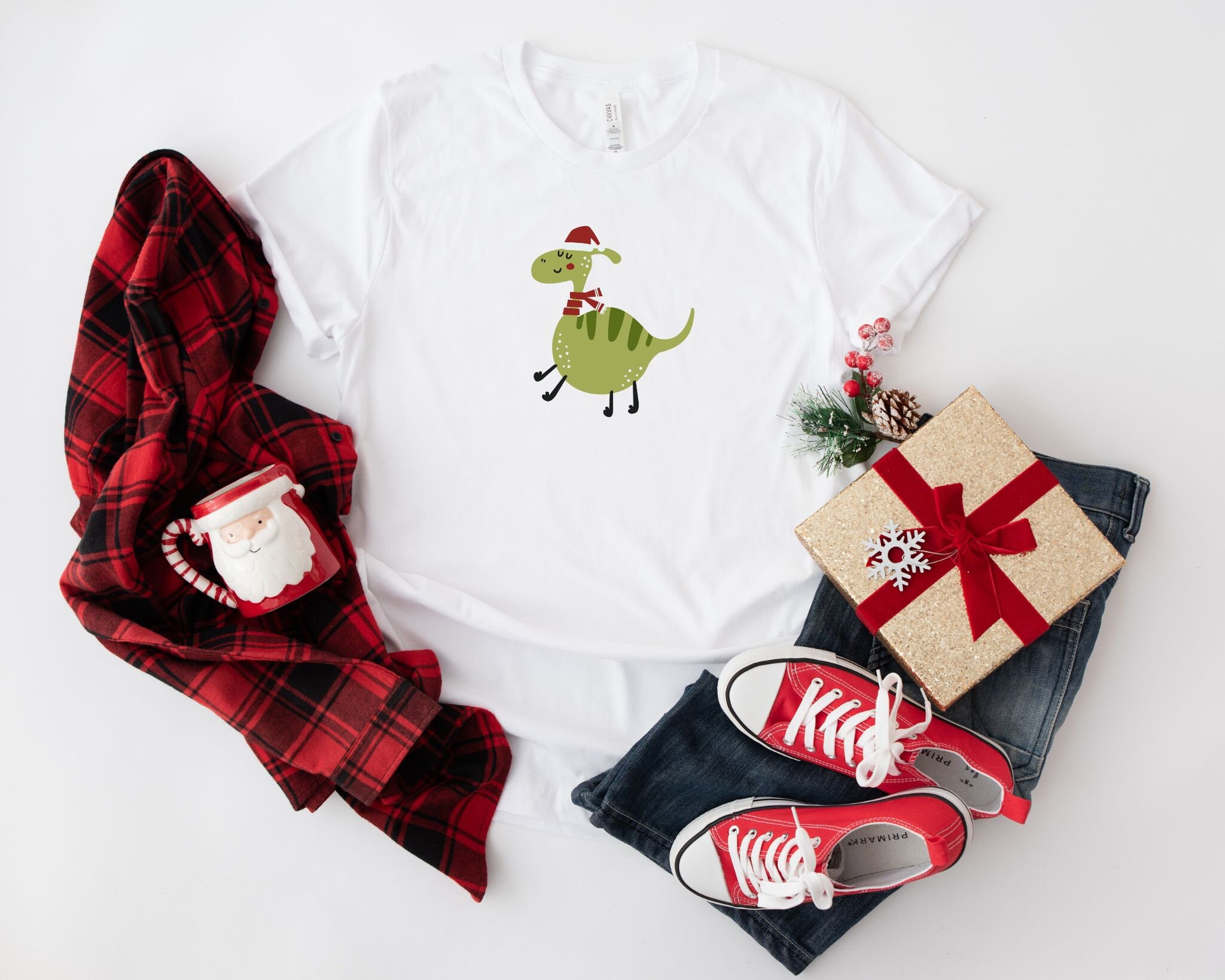 Discover Christmas Dinosaur Middle Festive T-Shirt, Funny Xmas Top, Funny Christmas Gifts, Gifts For Him, Gifts For Her, Cute Christmas Tee