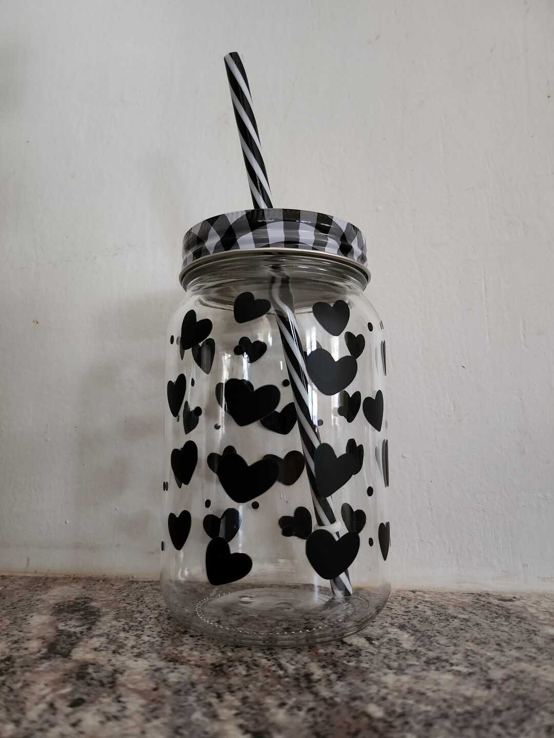 Heart Glass Mason Jar Cup With Lid & Straw Etsy